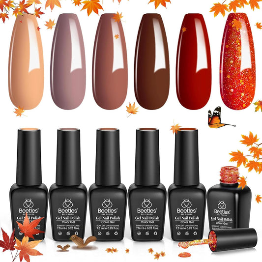Beetles Fall Gel Nail Polish Set - Nude Brown Burgundy Red Natural 6 Colors Skin Tones Gel Nail Polish Soak off Nail Uv Lamp Manicure Caramel Collection Gifts for Women | alldaygood beauty