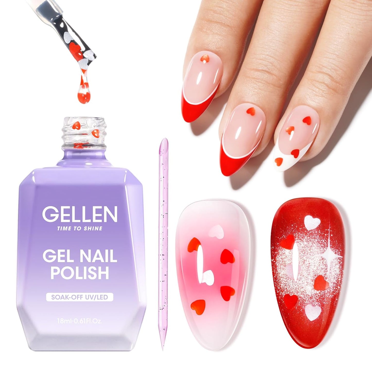 GELLEN Gel Nail Polish, 18ML Clear Nail Polish With Pink & Red Heart Shape, Valentine Gift for Her, Soak Off UV Gel Polish No Wipe, Glitter Gel Nail Polish with Stick DIY at Home