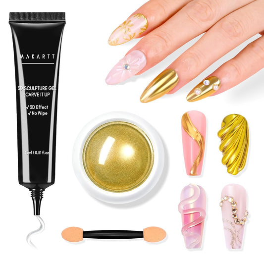 Makartt 3D Gel Nail Art with Gold Chrome Nail Powder Kit: Clear Molding Gel for Nail Art 15g Sculpting Glue Polish and Metallic Effect Mirror Powder Set for Nail Decoration Manicure Charms | alldaygood beauty