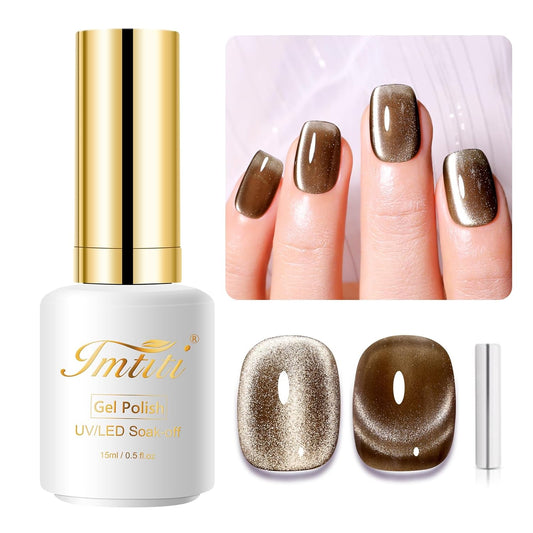 Imtiti Moonlight Cat Eye Gel Nail Polish, 15ml Nude Amber Light Brown Holographic Cat Eyes Glitter Magnetic UV Soak Off Gel Nail Polish with Magnetic Stick for Nail Art 1Pcs | alldaygood beauty