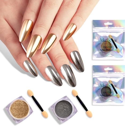 MelodySusie 2Pcs Chrome Nail Powder for Gel Nails,Metallic Mirror Effect Pigment Stylish and Technological Fine Glitter for Home DIY Salon Use | alldaygood beauty