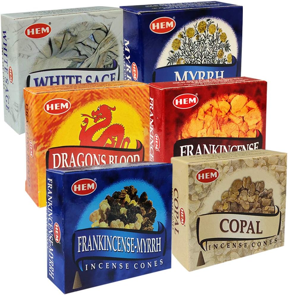 Hem Incense Cones Variety Pack #4 and Inscents-Cones Burner Holder with 6 Most Popular Fragrances - Dragons Blood, Frankincense, Myrrh - Total 60 Scented Cone Incense (6 Scents x 10 Conos)