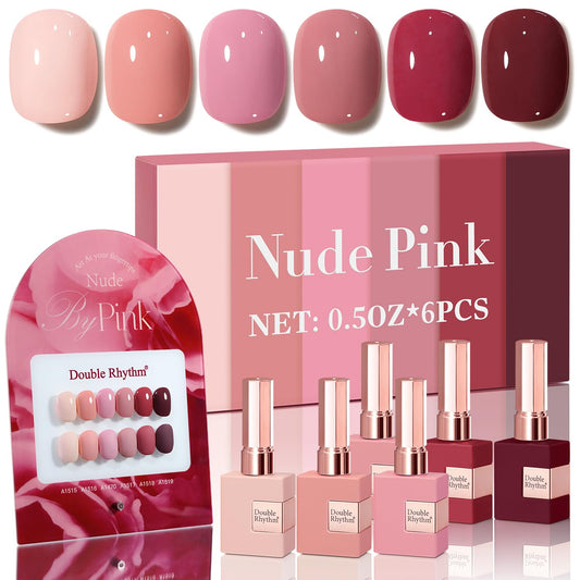 Double Rhythm 6 Pcs 15 ML Gel Polish Set Same Color Same Bottle Soak Off Gel Polish Kit Nail Art Manicure Salon DIY at Home for Women (Burgundy Red Nude Pink Purple Beige-T6-3) | alldaygood beauty
