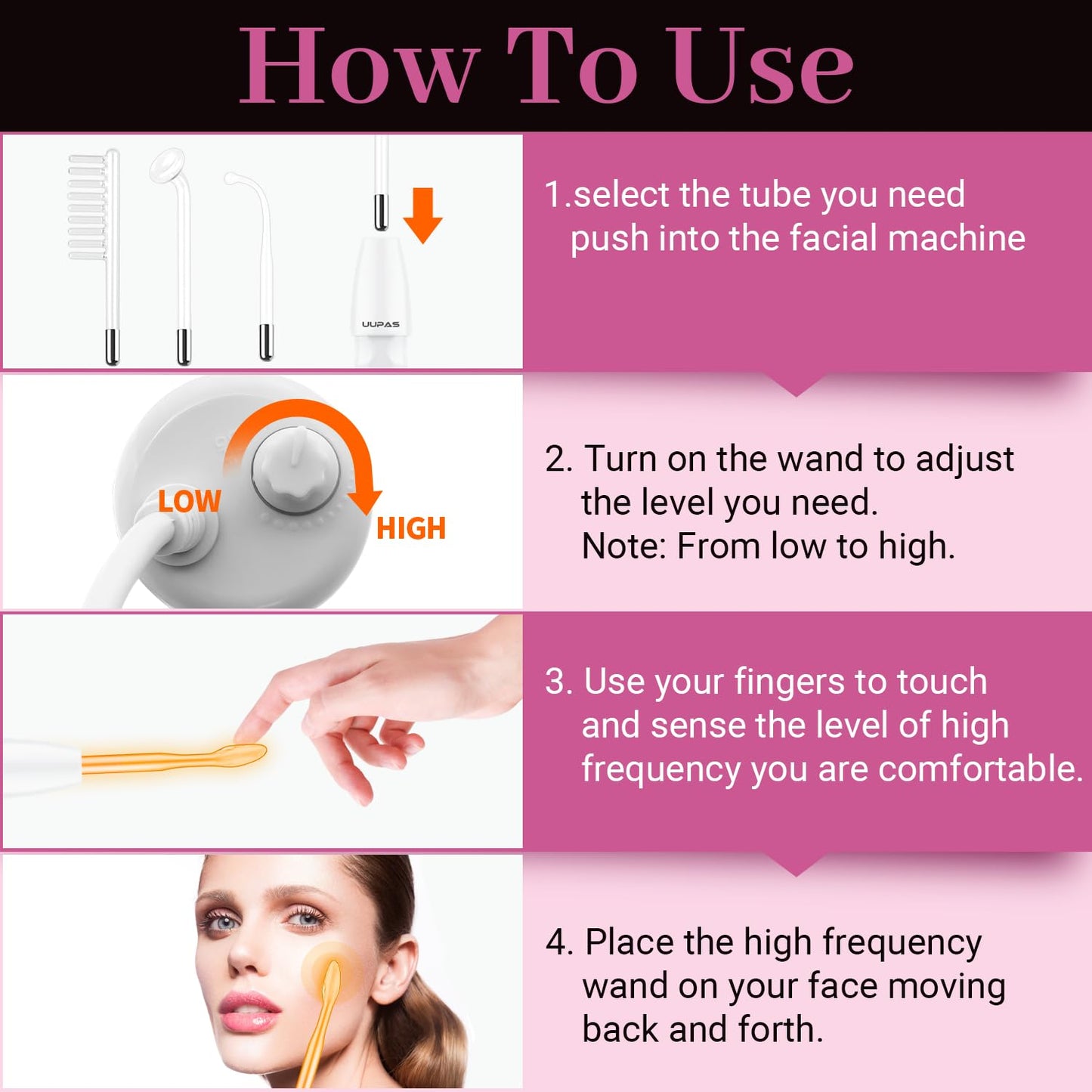 High Frequency Facial Wand - UUPAS Portable Handheld High Frequency Facial Skin Machine with 4 Pcs Orange Glass Tubes