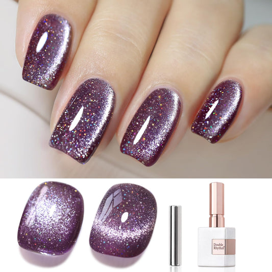 Double Rhythm 0.5 OZ Cat Eye Gel Polish with Magnet 15ML Holographic Glitter Shimmer Translucent Jelly Color Magnetic Nail Polish Salon DIY at Home (MC1062) | alldaygood beauty