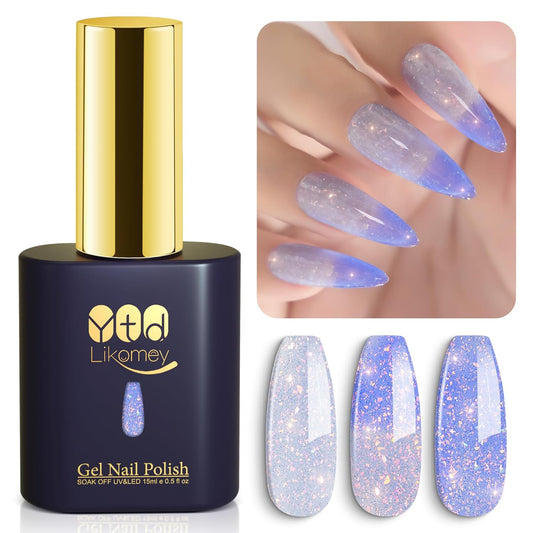 YTD Likomey Brocade Glitter Color Changing Gel Nail Polish,15ml Light Blue To Blue Shimmer Mood Temperature Change Colors Iridescent Flakes,Fall Winter Thermal Ombre UV Nail Gel,WB354 | alldaygood beauty