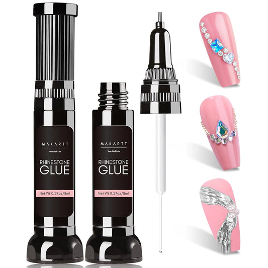 Makartt Nail Rhinestone Glue Gel, Upgrade Gel Nail Glue with Brush Pen Tip Super Strong Adhesive Precise for Nail Charms Crystals Rhinestone Beads Flower 3D Decorations 8ml*2