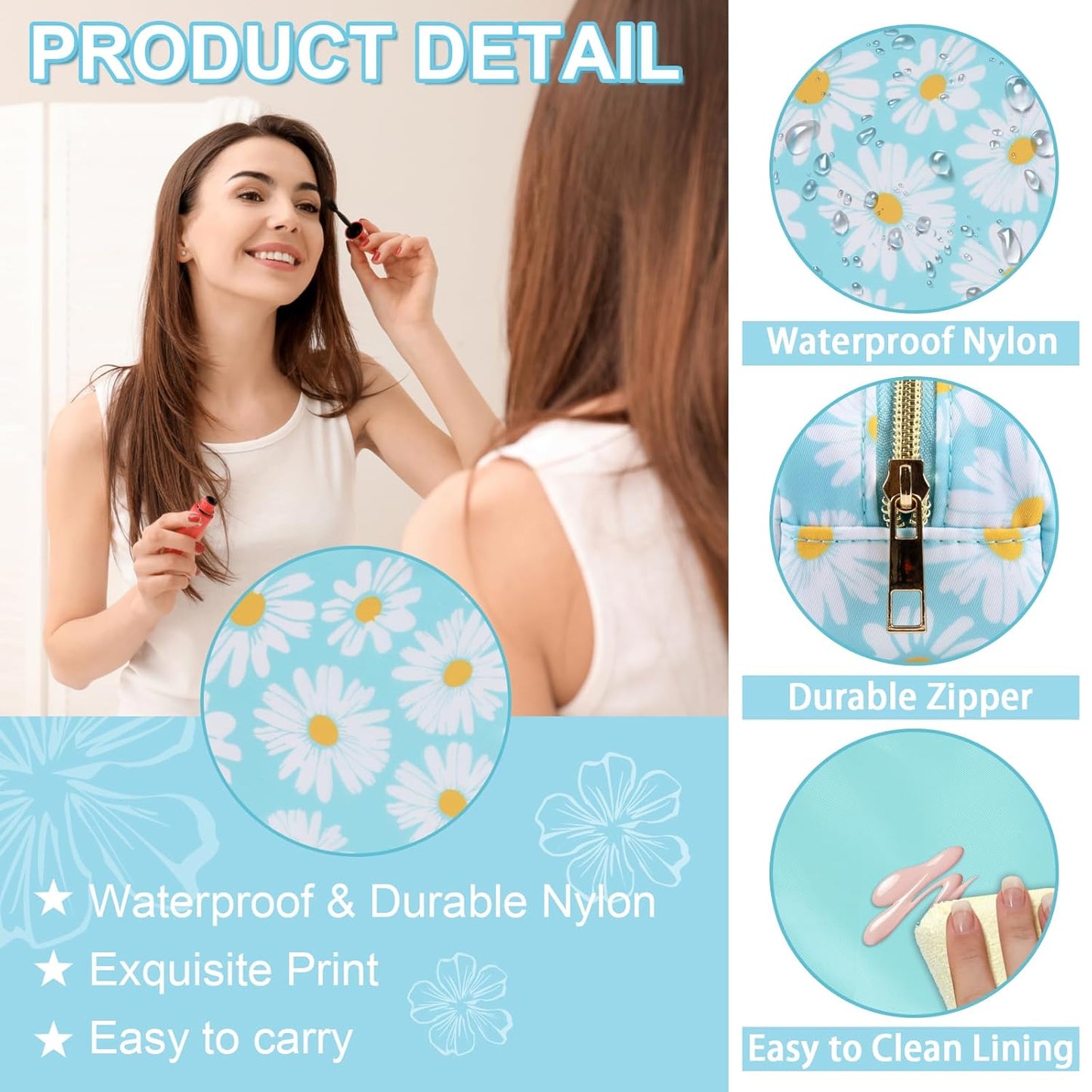 Waterproof Small Floral Pencil Case Makeup Bag for Purse,Cute Flower Pencil Pouch Preppy Nylon Makeup Brush Holder with Zipper,Girls Portable Storage Case Small Pen Bag for Work(Slim Blue-Daisy)