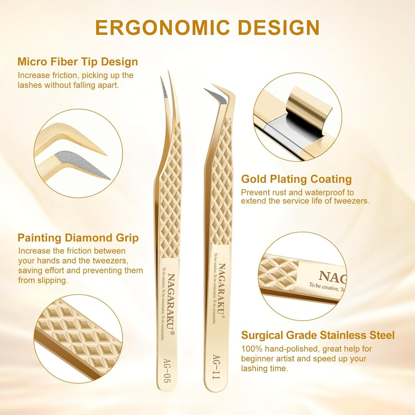 NAGARAKU Eyelash Tweezers, 1 Pair Precision Micro Fiber Tip Tweezer for Lash Extensions Volume Tweezers Antistatic Curved Tip Stainless Steel with Box -Dolphin & Seven Shaped Tweezers AG-05 & AG-011