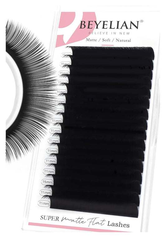 BEYELIAN Flat Eyelash Extension, Ellipse Lash Extensions 0.20 C Curl 15mm 16 Rows Matte Black Eyelash Extension Supplies Classic Lash Extensions Individual Eyelashes Salon Use