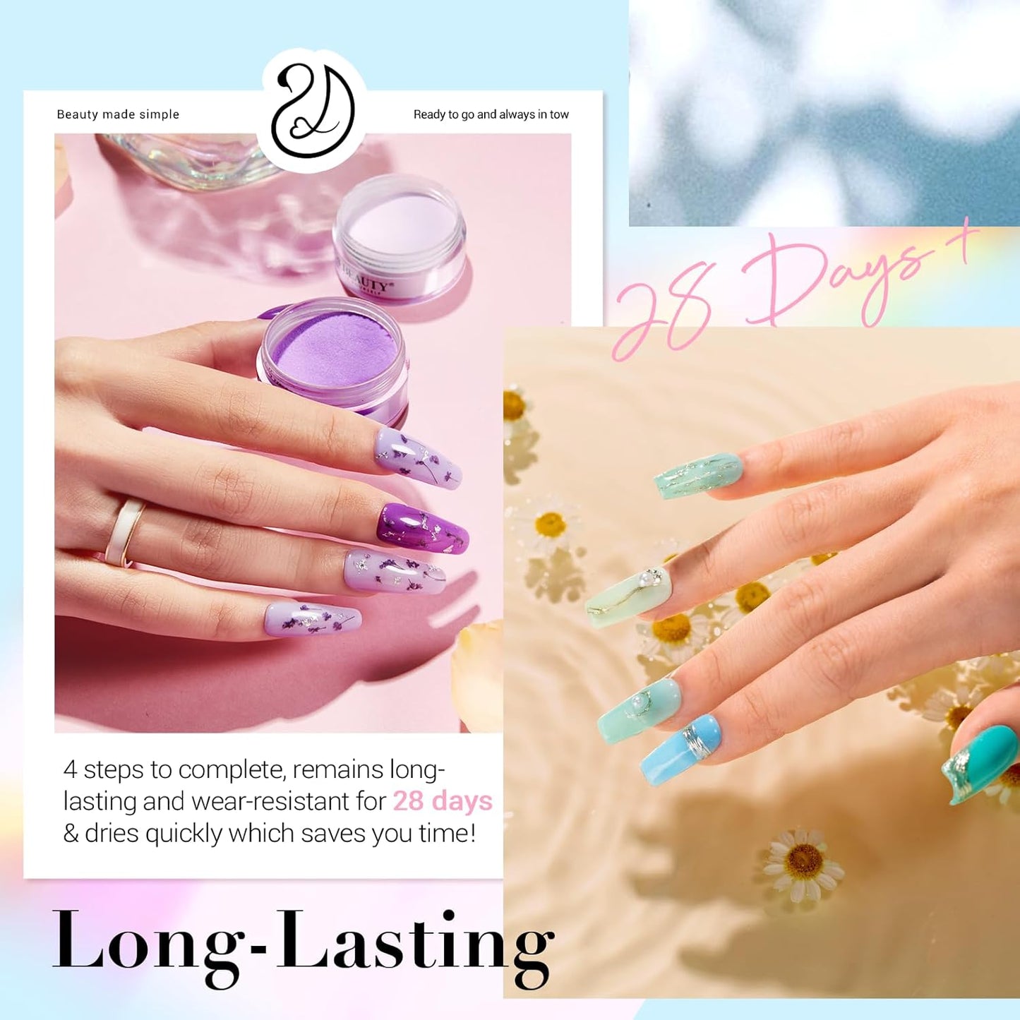 AZUREBEAUTY Dip Nail Powder Starter Kit with Matte Coat, 8 Colors Hot Pink Blue Purple Glitter Spring Dipping Powder Liquid Set with Base/Top Coat Activator 10 Nail Sticks for French Manicure