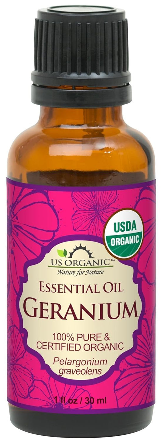 US Organic 100% Pure Geranium Essential Oil - USDA Certified Organic, Steam Distilled - W/Euro droppers (More Size Variations Available) (30 ml / 1 fl oz) | alldaygood beauty