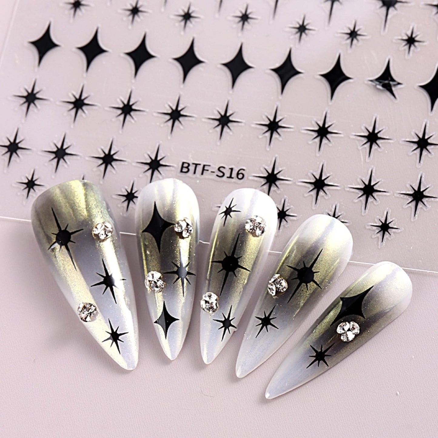 3D Self-Adhesive Star Nail Art Stickers - 12 Sheets Silver Gold Black White Decals for Acrylic Nails - Nail Design Supplies for Women Girls