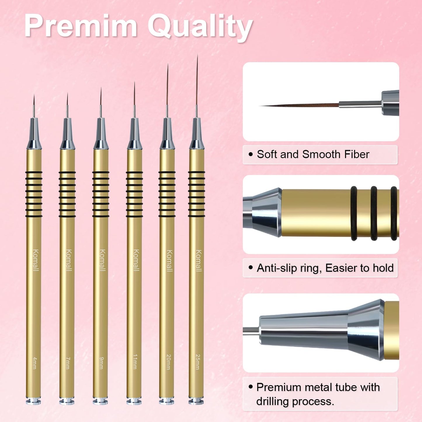 Metallic Nail Art Brushes, 6Pcs Non Slip Liner Brush Set, UV Gel Polish Painting Art Design Pen for Long Lines, Thin Details, Fine Drawing Sizes 5/7/9/11/20/25mm(Gold)