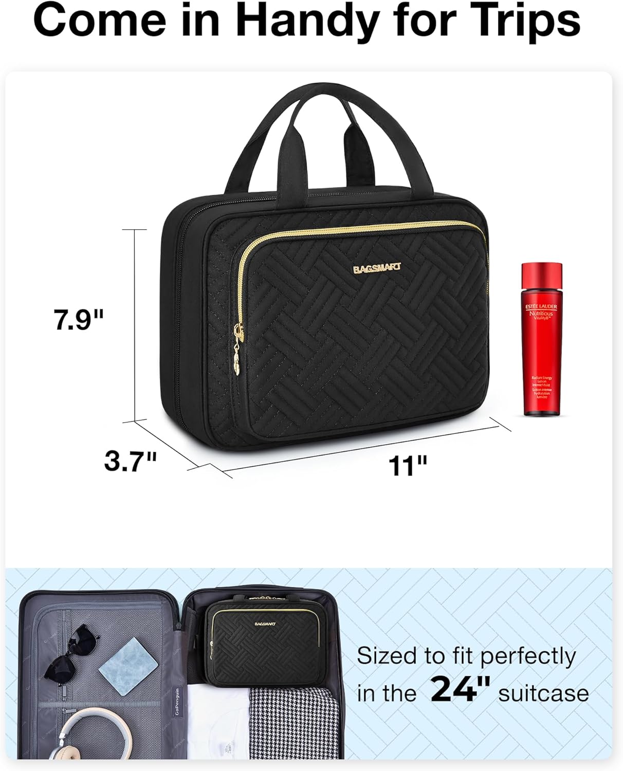 BAGSMART Hanging Travel Toiletry Organizer - Cosmetic Bag for Full Sized Toiletries, Basic-Black