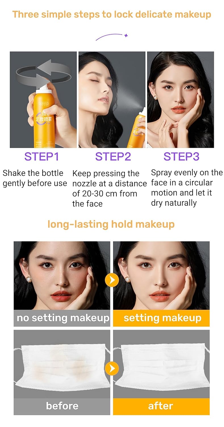 Vitamin C Makeup Setting Spray + Primer Long-Lasting Waterproof Sweatproof Keep Your Makeup Fresh and Moisturized,Lightweight Matte Finish Face Mists Oil Control 100ml