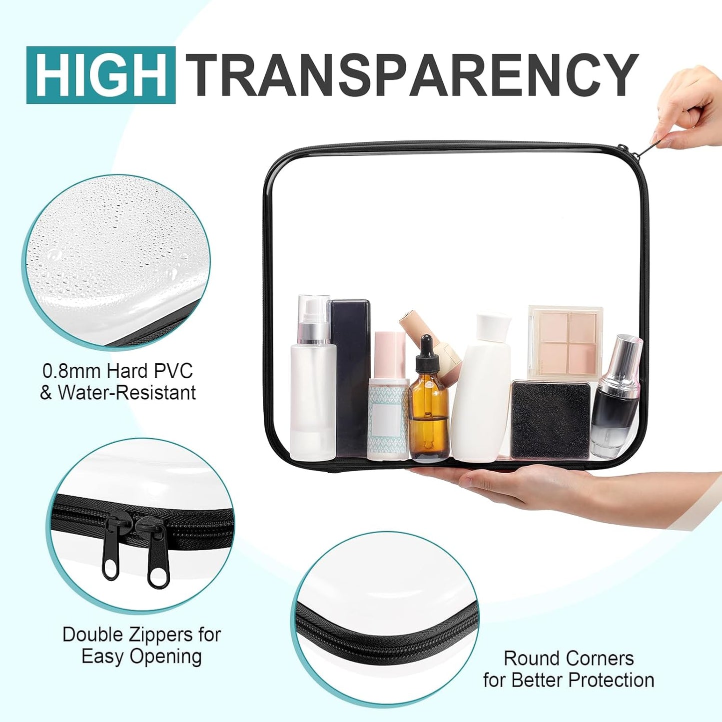 Hoolerry 3 Pcs Clear Hard Zipper Case Plastic Pouch Transparent Hard Case Clear Makeup Bag Portable Travel Organizer Bin for Cosmetics, Building Blocks, Puzzles(Black,L)