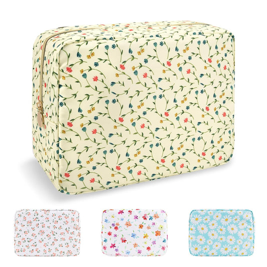 Waterproof Large Floral Makeup Bag Pouch,Nylon Travel Toiletry Storage Bag Preppy Flower Cosmetic Bag for Women Girl,Large Capacity Makeup Organizer Bag Cute Zipper Pouch(L Light Yellow-Flowers)