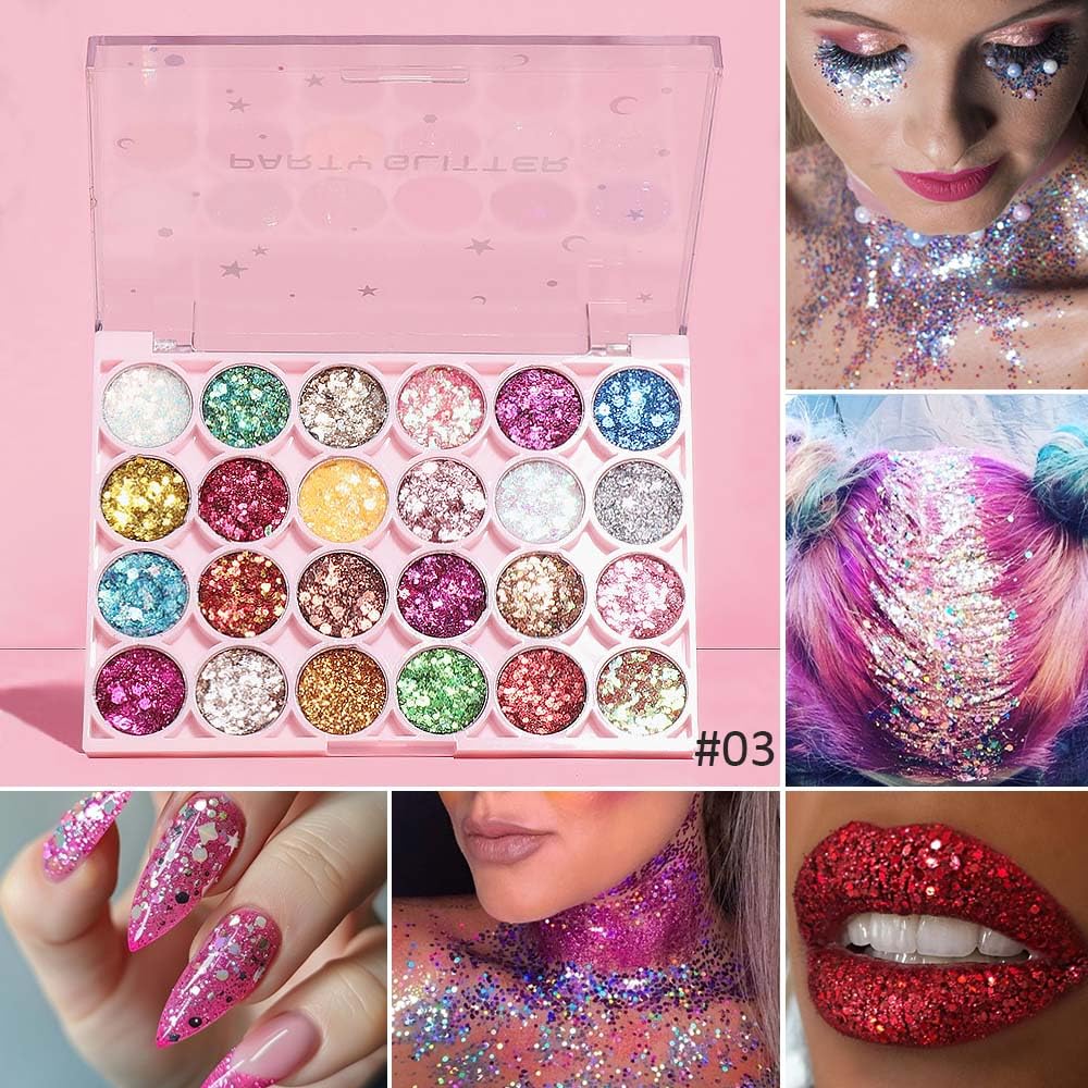 evpct 24 Colors Glitter Eyeshadows Palette Makeup for Women, Black White Pink Green Blue Rainbow Sparkle Neon Metallic Shimmer Shiny Eyeshadow Palette, Body Pressed Eye Shadow Glitter Palette Makeup