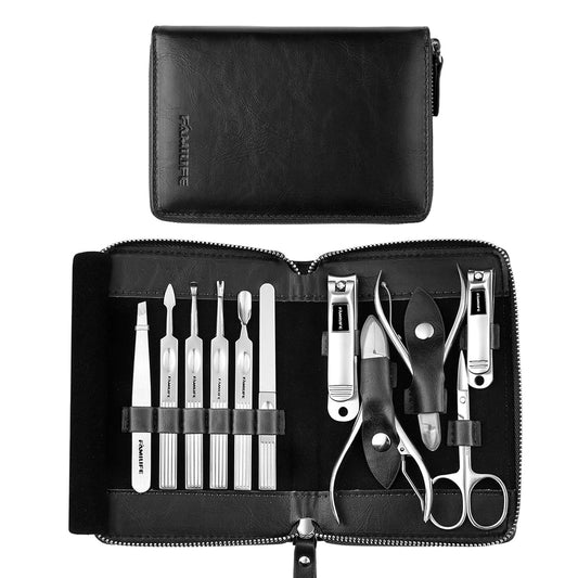Manicure Kit, FAMILIFE Professional Manicure Set Nail Kit, 11 in 1 Stainless Steel Nail Clippers Set for Men Pedicure Kit, Men Grooming Kit with Portable Black Leather Travel Case Luxury Gifts for Him | alldaygood beauty
