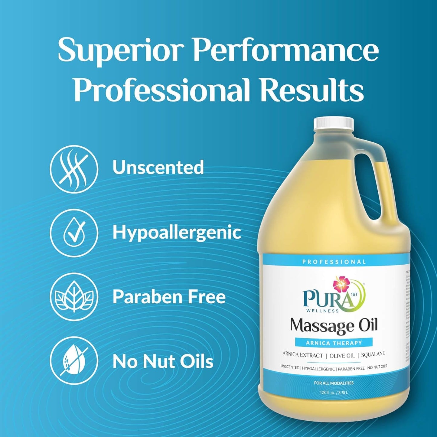 Wellness Professional 128oz Arnica Massage Oil, Arnica Oil for Bruising, Unscented, Deep Tissue Massage, for Therapy, Hypoallergenic, for Physical Therapy, Natural, Skin Moisturizing