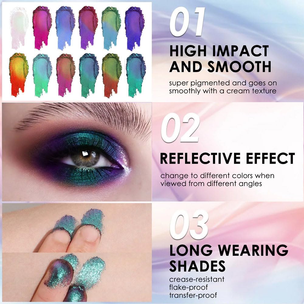 evpct Fairy Green to Light Blue Chameleon Eyeshadow Palette, Color Changing Loose High Pigment Shimmer Metallic Rainbow Eyeshadow Makeup Pallet, Green Blue Holographic Multichrome Eyes Highlighter