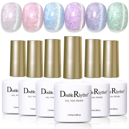 Double Rhythm Cat Eye Gel Polish Set 6 Colors Shimmer Glitter with Magnet Holographic Reflective Magnetic UV Nail Art Kit (Pearl Pink Blue Green Purple 6-Kit 44) | alldaygood beauty