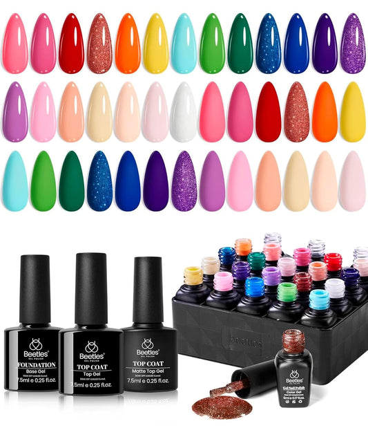 beetles Gel Polish Set, 23pcs Rainbow Gel Nail Polish Pink Orange Green Red Glitter Color with Base Glossy and Matte Top Coat Manicure Kit Shoujo Manga Soak Off Uv Led Gifts for Women | alldaygood beauty