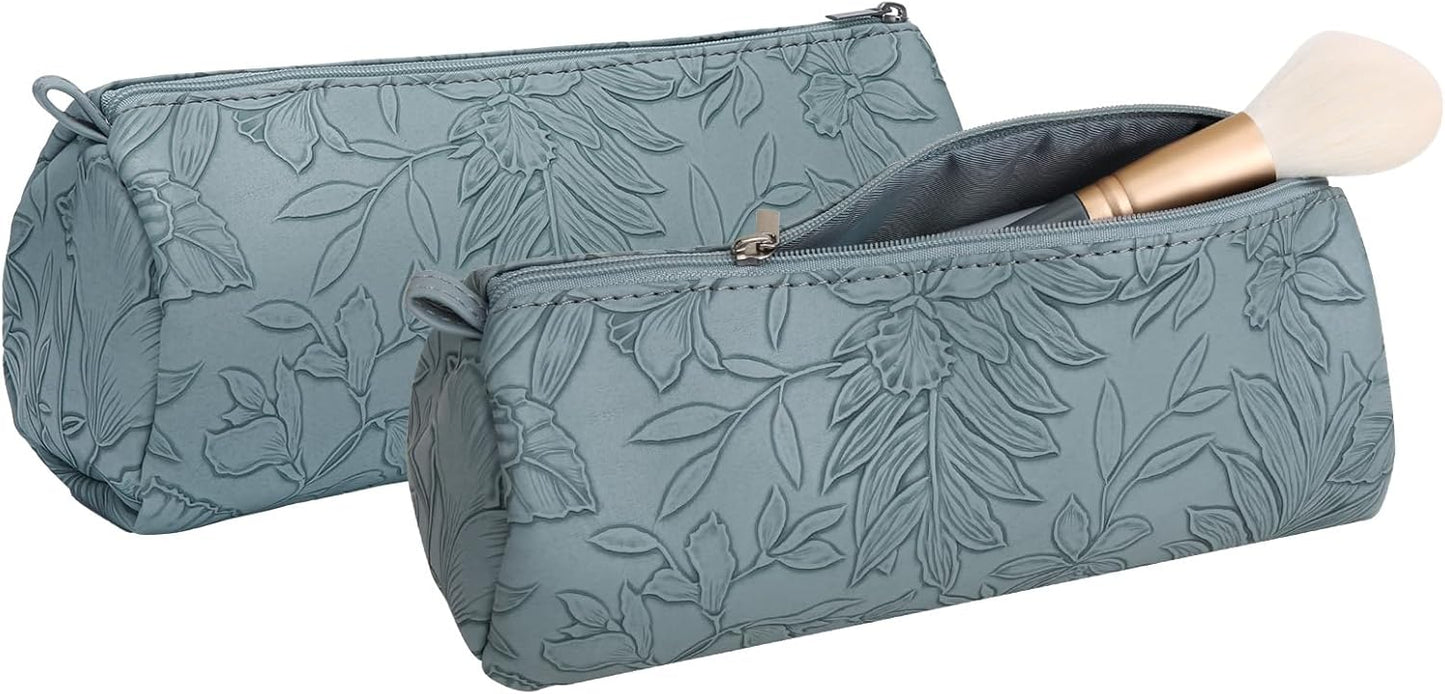 2pcs Set PU Leather Cosmetic Bag for Women - Floral Makeup Bag Portable Storage Purse for Makeup (Z-Blue-2 Case)