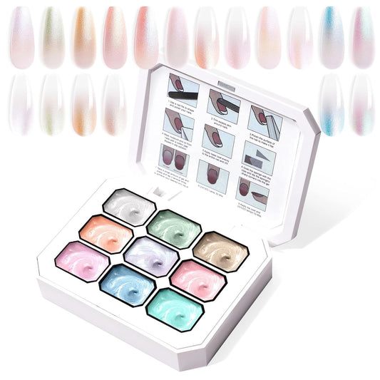 Gradient Painting Gel, 9 Colors Pearlescent Ombre Gel Nail Polish for Pigment Pat Aura Nails French Manicure Long-lasting No-wipe Soak Off UV Treasure of Pearl | alldaygood beauty