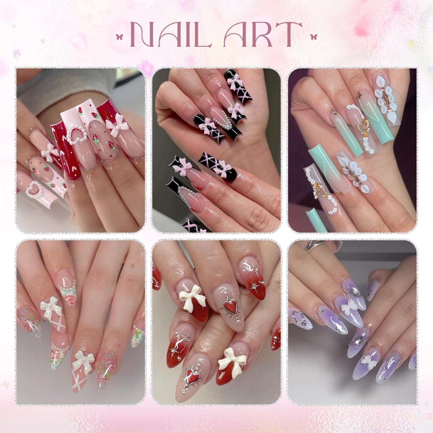 3D Nail Charms and Gems Set 10 with Rhinestone Glue, 20PCS Chunky Butterfly Charms + 60PCS Nail Bows in 2 Styles + 3D Flowers with Crystals, Pearls, Diamonds, and Picker Tools for Y2K Nail Decor