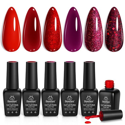 Beetles Red Gel Nail Polish Set 6 Colors Burgundy Red Glitter Purple Soak Off UV LED Gel Polish Art Design Decoration DIY Nail Gifts for Women Poinsettia | alldaygood beauty