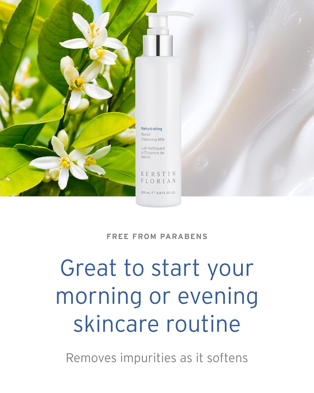 Kerstin Florian Rehydrating Neroli Cleansing Milk | Gentle Makeup Remover and Face Wash for Normal to Sensitive Skin (6.8 fl oz)