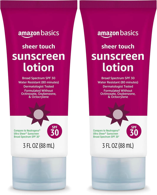 Amazon Brand - Solimo Sheer Face Sunscreen SPF 30, No Octinoxate & Oxybenzone, Unscented, 3 fl oz (Pack of 2)