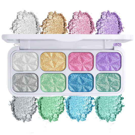 8-Color Highlighter & Contour Palette - Shimmer, Glitter, Iridescent Multichrome Holographic Eyeshadow for Face & Cheek, Purple Rainbow Highlight Makeup | alldaygood beauty