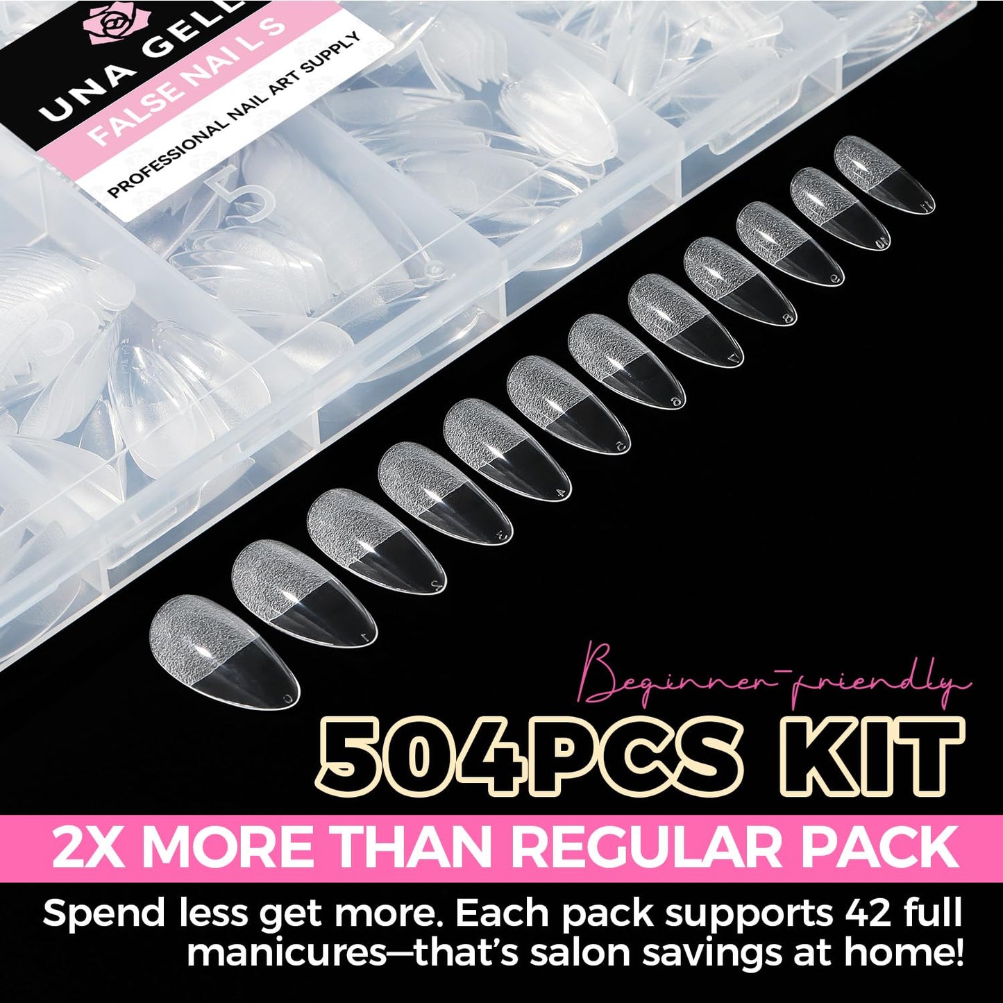 UNA GELLA Almond Gel Nail Tips, 504PCS Pre Etched Clear Fake Nails Tips Medium Almond Shape - 12 Sizes Full Cover Soft Acrylic Press On Nail Extensions No C Curve Gift for Diy at Home