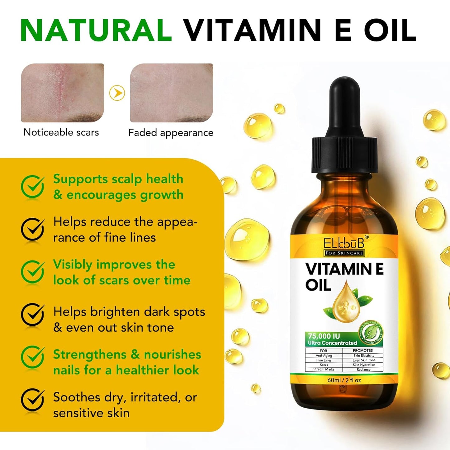 Vitamin E Oil - 75,000 IU Ultra Concentrated - Moisturizes, Fades Scars & Stretch Marks, Anti-Aging & Skin Hydration - for Face, Body, Hair, and Nails