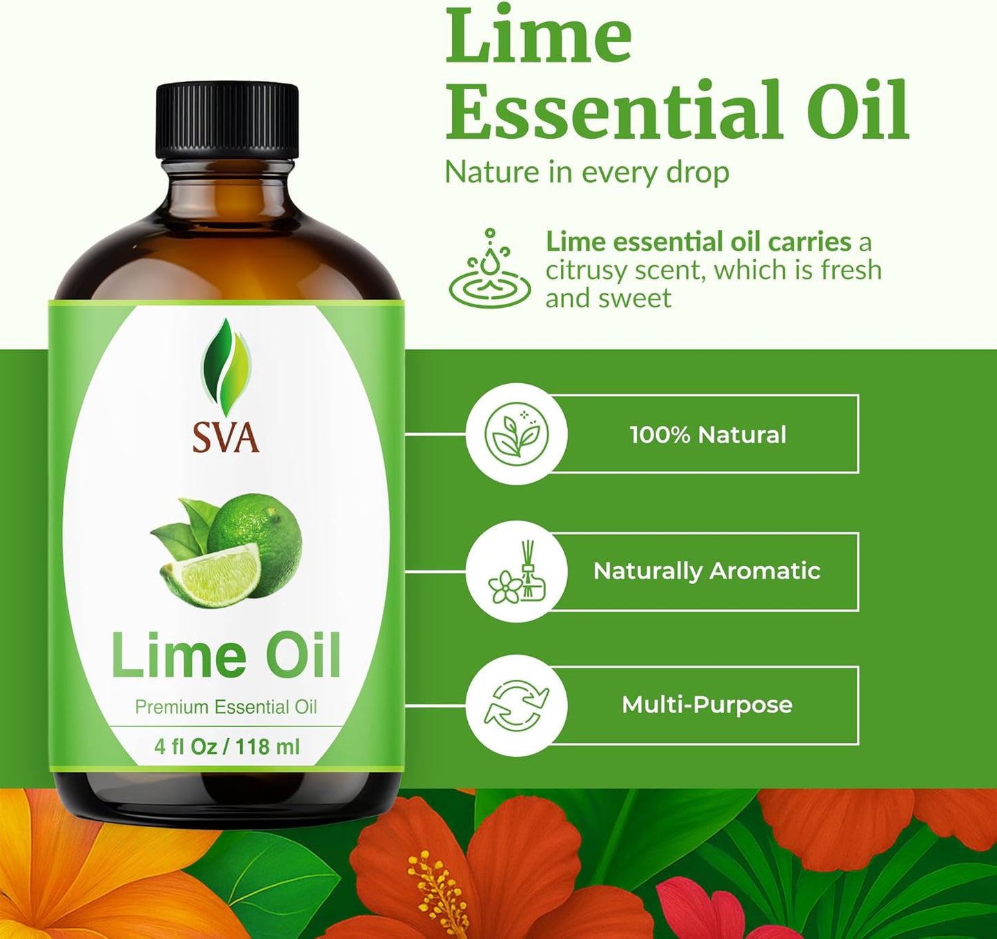 SVA Lime Essential Oil – 4 Fl Oz – 100% Natural Lime Oil - for Diffuser, Hair Care, Face, Skin Care, Aromatherapy, Scalp and Body Massage, Soap and Candle Making - with Dropper