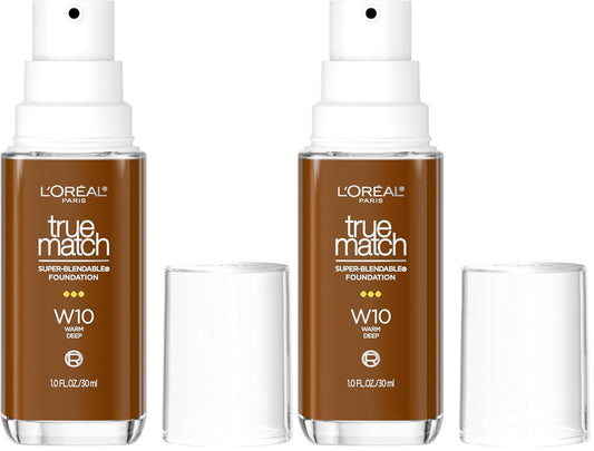 L’Oréal Paris True Match Super-Blendable Foundation, Medium Coverage Liquid Foundation Makeup with SPF 17, W10, Deep, 1 Fl Oz (Pack of 2) | alldaygood beauty