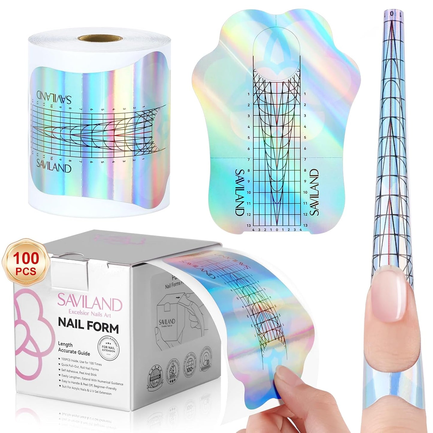 Saviland Long Length Reusable Nail Forms: Super Sticky Duable Poly Gel Nail Forms Sturdy Nail Extension Forms Paper Nail Forms Self-adhesive Nail Model Stencils for Acrylic Nails Builder Nail Gel