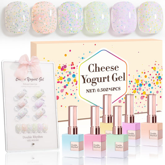 Double Rhythm 0.5 Oz Glitter Gel Polish Set of 6 Color with Display Borad 15 ml Full Size Kit Shimmer Reflective Sparkle Soak Off Manicure Salon DIY at Home (Eggshell Green Purple Colorful Dots-T6-41) | alldaygood beauty