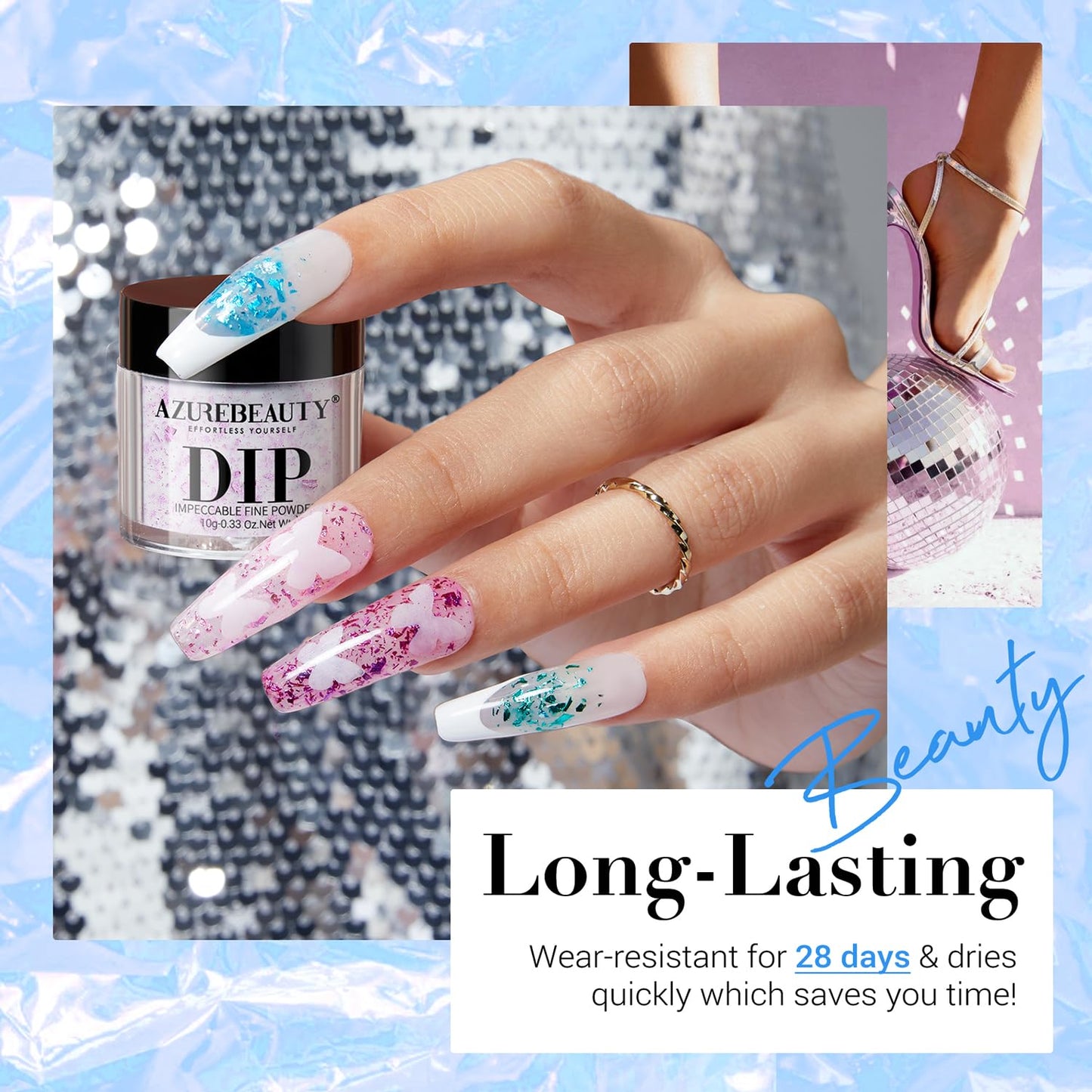 AZUREBEAUTY Dip Powder Nail Set, Blue Green Yellow Silver Light Dark Pink with Sparkle Aluminum Foil, 6 Colors All Seasons Dipping Powder Starter Kit Nail Art Manicure Salon, No Need Nail Lamp Cured