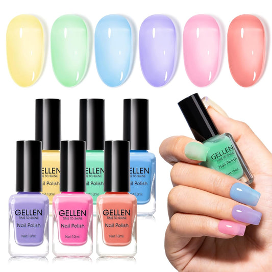 GELLEN Clear Pastel Jelly Nail Polish, Sheer Natural Regular Nail Polish Quick Dry Spring Summer 6-Color Set for Acrylic Natural Nails Home Salon, No UV Gel, Chip Resistant, Hema Free, Non Toxic | alldaygood beauty