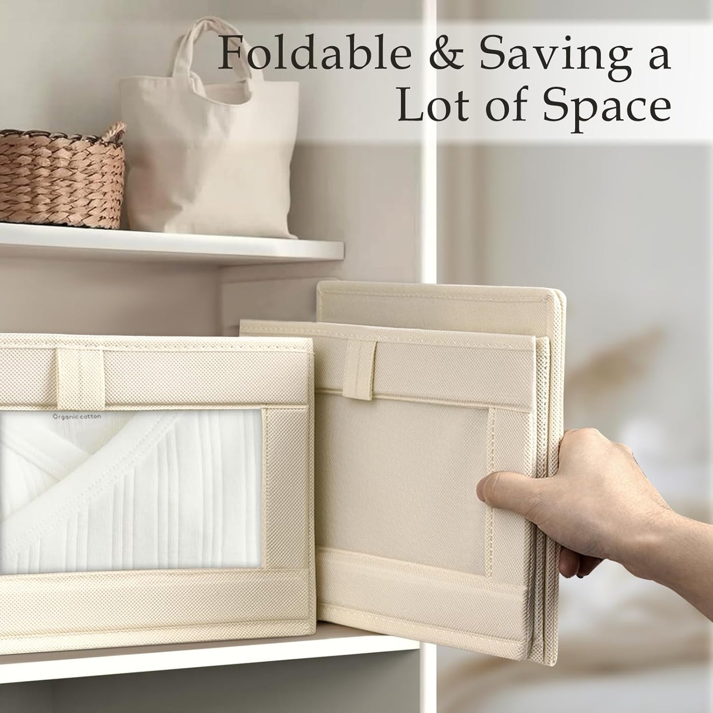 Criusia Linen Closet Organizers and Storage, 8 Pack Large Linen Closet Baskets with Mesh Window for Organization, Foldable Closet Organizer for Clothing, Towels, Toys, Nursery, Books, Shelves, Beige