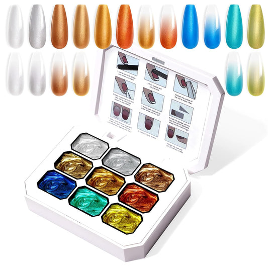 Gradient Painting Gel, 9 Colors Ombre Gel Nail Polish Gold Silver Metallic Effect Pigment Pat Aura Nails French Manicure Soak Off UV Long-lasting Home Salon DIY Nail Art Satin Metal(01) | alldaygood beauty