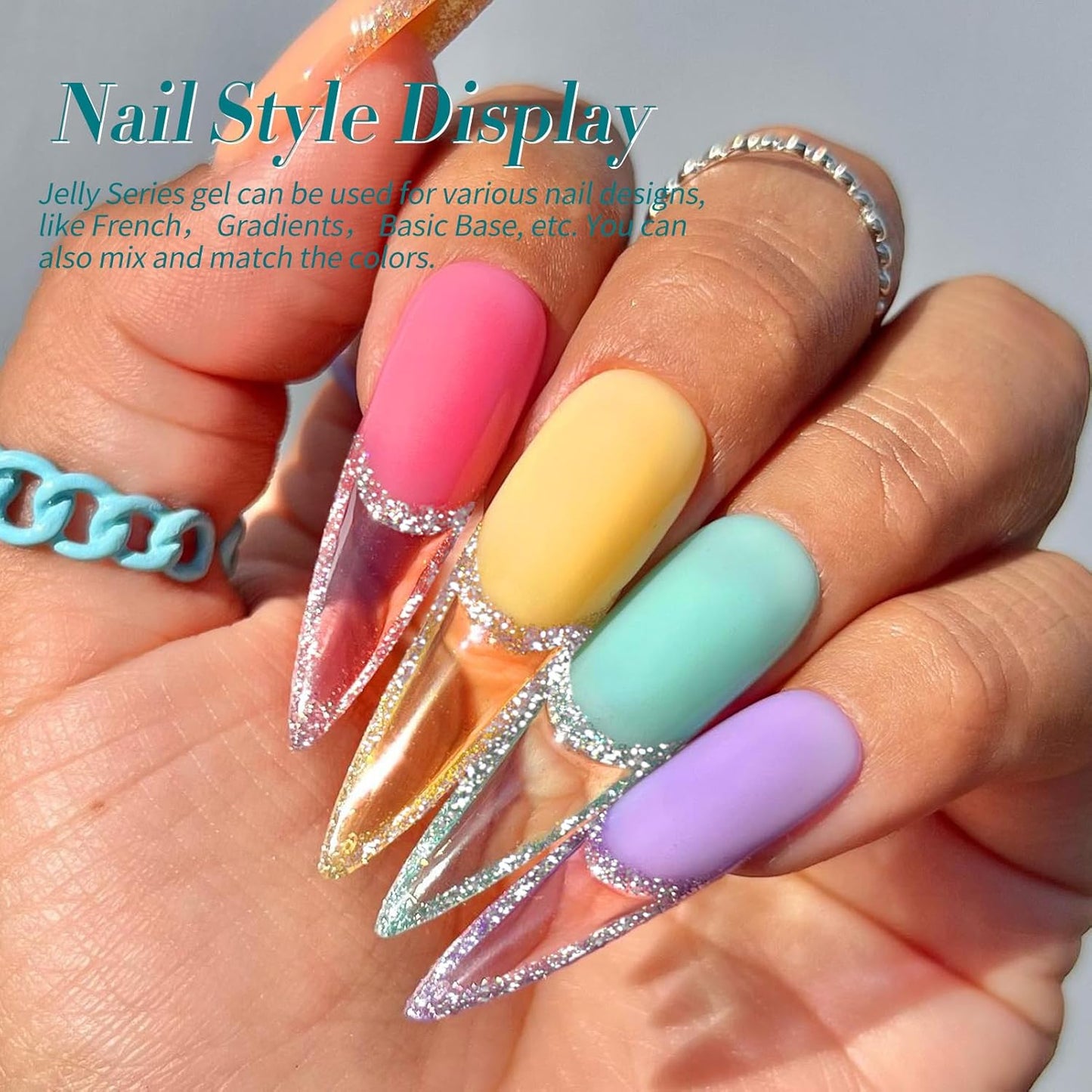 Born Pretty Jelly Gel Nail Polish Set Spring Summer Crystal Glass Translucent Pastel Sheer Gel Polish Pink Green Blue Red Yellow Silver Shiny Glitter Gel Nail Polish Nail Art Gel DIY Gift 6PCS