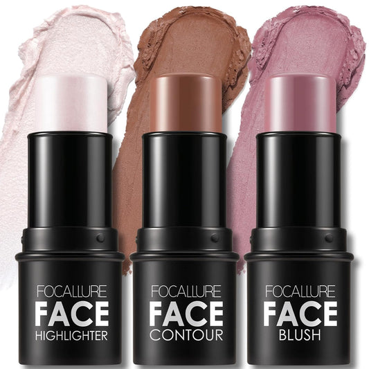 FOCALLURE 3 Pcs Cream Contour Sticks,Shades with Highlighter & Bronzer & Blush,Non-greasy Long-wear Face Contouring Pen,Easy to Sculpt the Face and Create a Lightweight Finishing Makeup,UNIVERSAl | alldaygood beauty