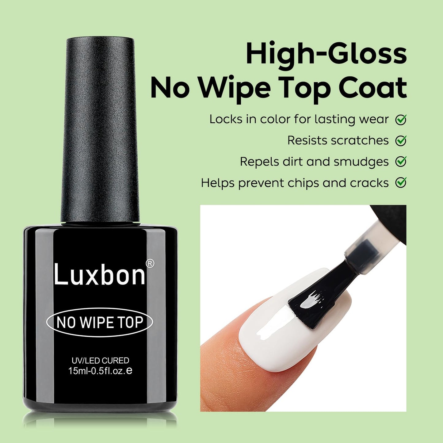 Luxbon 2 Pcs 15ml No Wipe Gel Top Coat and Base Coat Set - Long Lasting, Shine Finish, UV LED Nail Lamp Soak Off Gel Base Top Coat Manicure