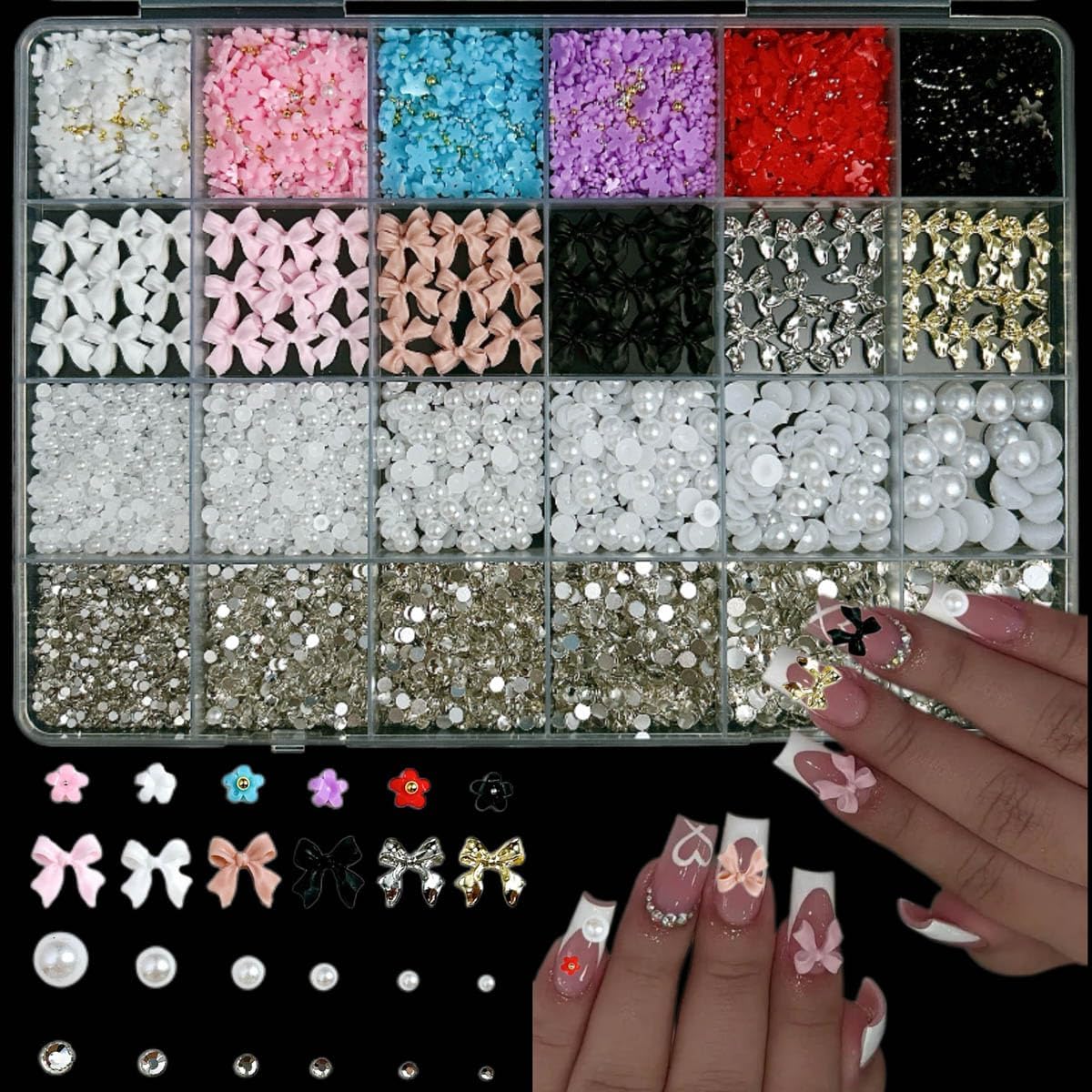 White Pearl Nail Charms and Gems, 3D Colorful Flower Kawaii Metal Bow Charms for Nail Art Rhinestone Nail for Manicure DIY Crafts Jewelry Accessories