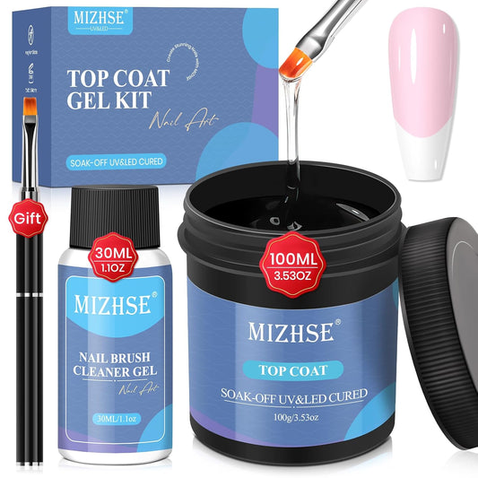 MIZHSE 100ML No Wipe Gel Top Coat - High Gloss Shine Finish Long Lasting Top Coat Nail Polish, Super Large Capacity Soak Off Nail Lamp Polish Finish with Brush & Brush Cleaner Gel, Gift Kit for Women | alldaygood beauty